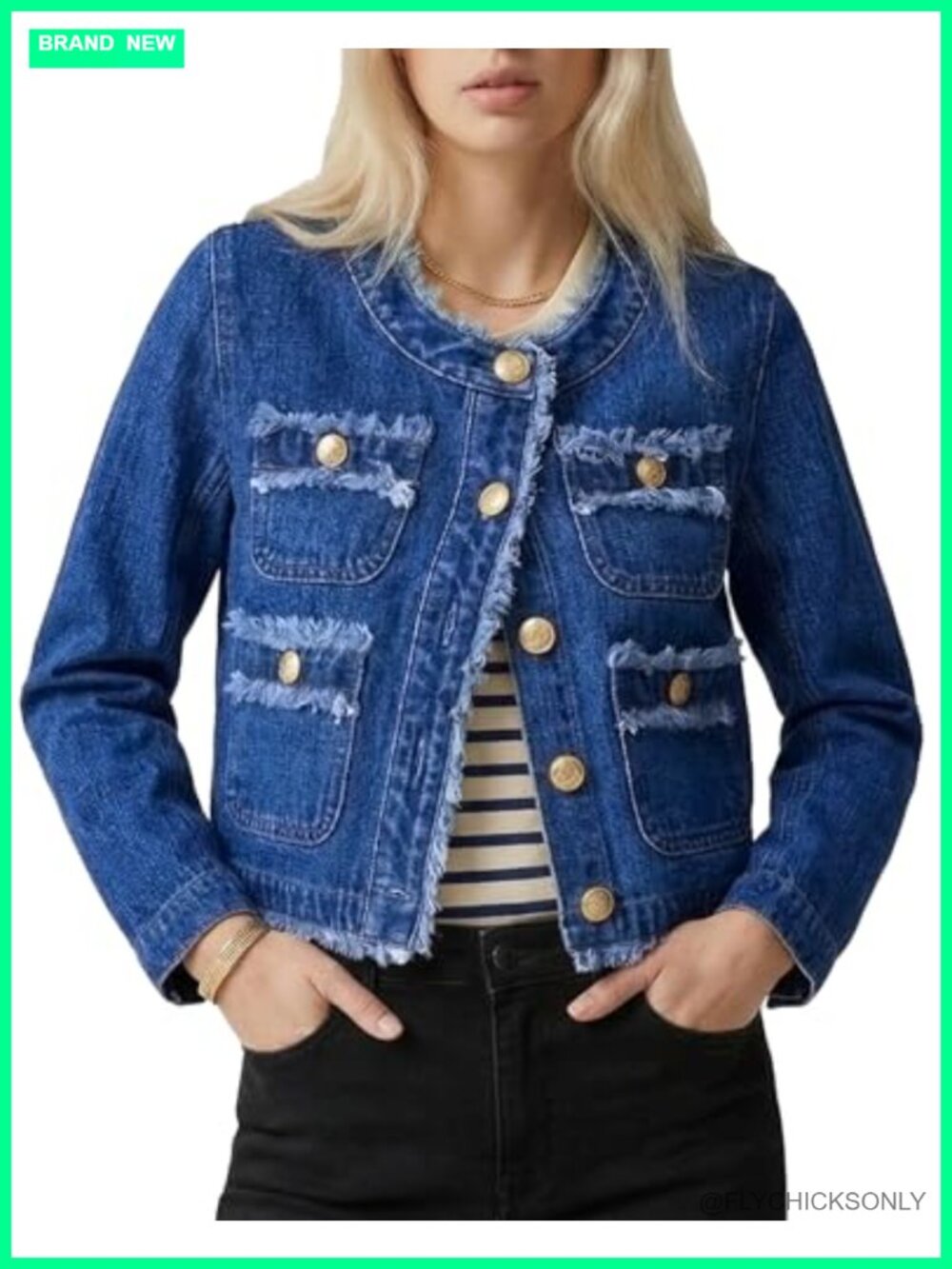 Frayed Denim Jacket Collarless Button Front Cropped Jean Jacket